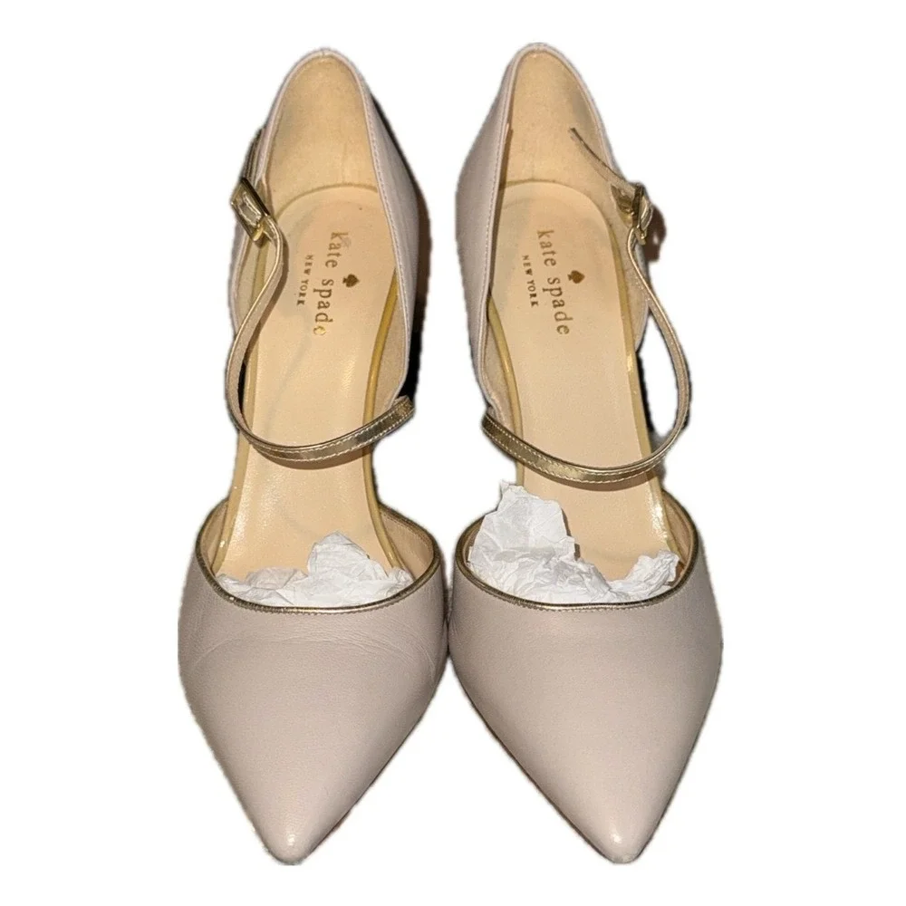 KATE SPADE NEW‎ YORK Leather T-Strap Pointed Toe Italy Pumps Nude Heels | Sz 7B